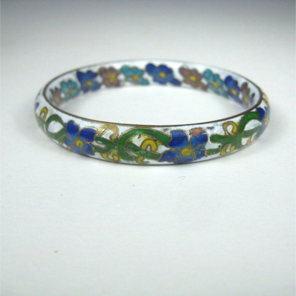 Vintage Floral Cloisonné Bangle Bracelet 7 inch Diameter CHIP SMALL